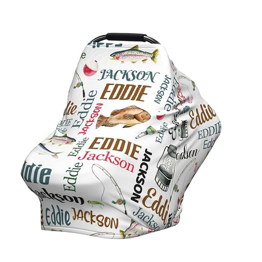 Personalized Baby Car Seat Cover for Boys Girls, Custom Fishing Nursing Covers for Breastfeeding with Name, Infant Stroller Cover, Baby Carseat Canopy for Newborn, Multiuse Car Seat Canopies