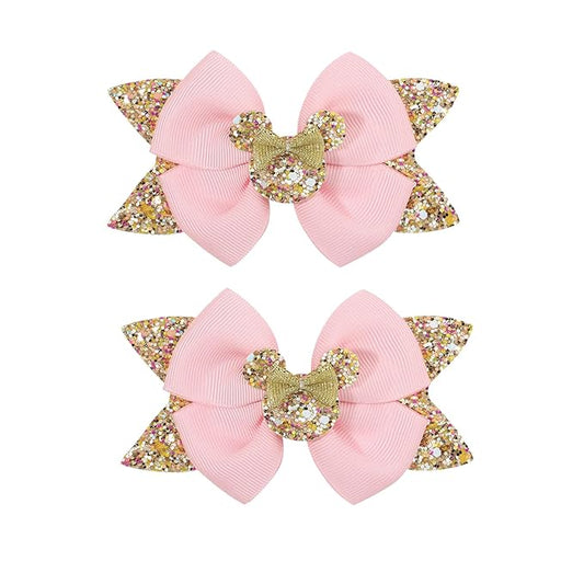 4.5 Inch Cute Mouse Ears Sequins Bows Hair Clips For Baby Girls, Toddler, Kids and Young Women Birthday Party Wedding Christmas Occasions Set of 2 (B- Gold Pink)