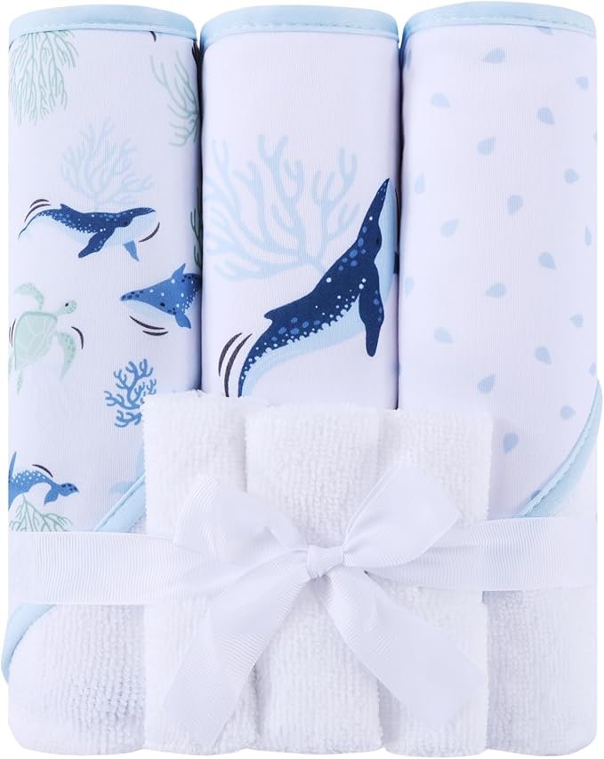 Mooreeke Baby Towel with Hood for Boys Blue Ocean Bath Towel for Babies Ultra Soft Absorbent 3 PCS Baby Towels and 3 PCS Washcloths for Newborn Essentials
