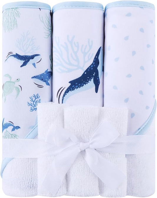 Mooreeke Baby Towel with Hood for Boys Blue Ocean Bath Towel for Babies Ultra Soft Absorbent 3 PCS Baby Towels and 3 PCS Washcloths for Newborn Essentials