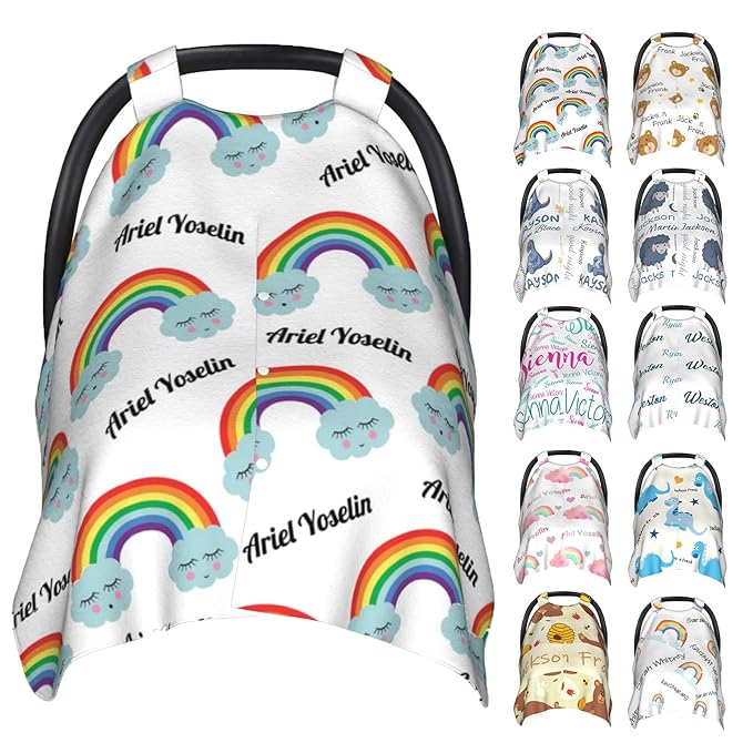 Personalized Baby Car Seat Cover Canopy with Name for Girls Boys Custom Rainbow Baby Carrier Covers
