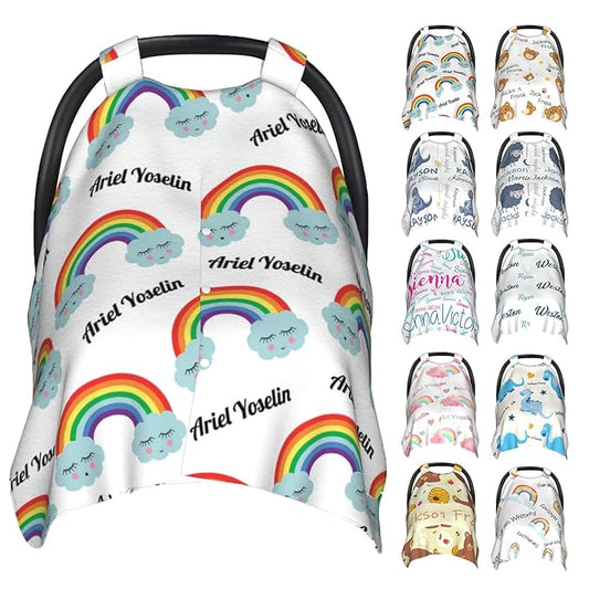 Personalized Baby Car Seat Cover Canopy with Name for Girls Boys Custom Rainbow Baby Carrier Covers