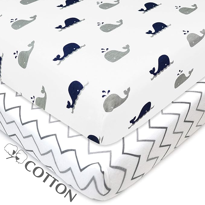 American Baby Company 2 Pack 100% Natural Cotton Fitted Pack and Play Sheets 39" x 27" - Soft & Breathable Pack N Play Sheets for Playard & Mini Crib Mattress, Navy Whale/Grey Zigzag, for Boys & Girls