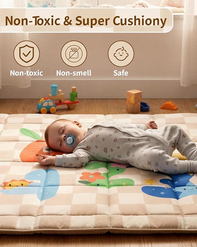 Baby Play Mat, Foldable Play Mats for Floor, 50x50 Inches Crawling Mat for Playpen with Anti-Slip Bottom, Machine Washable, Thicken Padding Foam Playmats for Babies and Toddlers (Sand Checks)
