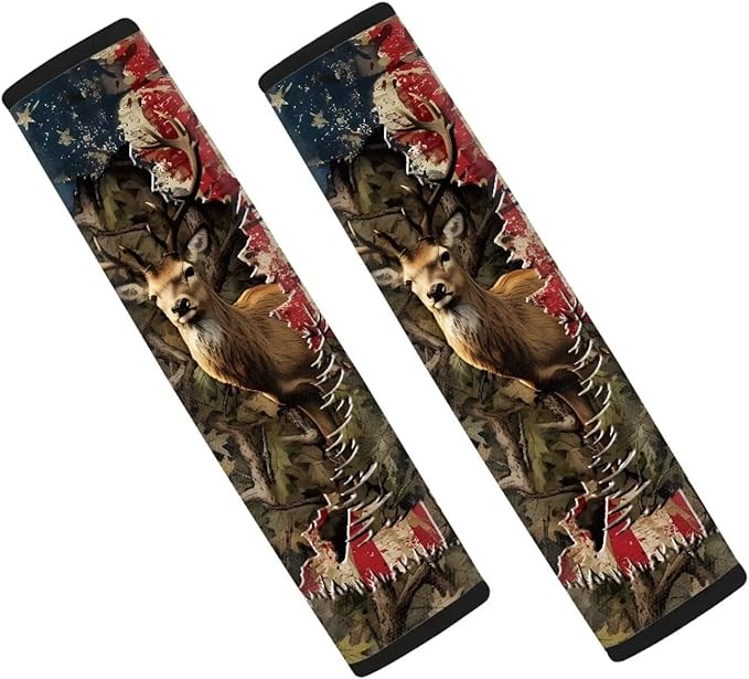 AFPANQZ American Flag with Deer Car Safety Seat Belt Cover 2 Pack Truck Vans Sedans SUVs Seat Belt Pad Cushion Comfortable Shoulder Protectors Cover Cushion