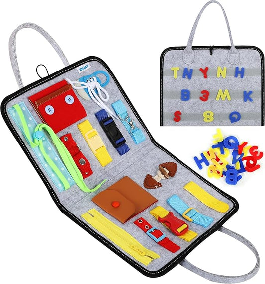 Esjay Toddler Busy Board, Sensory Board for Fine Motor Skill, Montessori Toys Toddler Activities for 3+ Year Old, for Travel, Car, Grey Alphabet