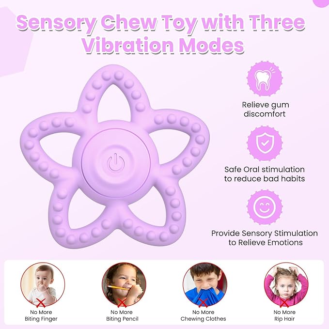 Vibrating Teether for Baby - Dual Use Vibrating Soother for 3-6 Months/6-18 Months & Sensory Toys for Kids with Autisms, Baby Teething Toys with 3 Vibration Modes(Purple)
