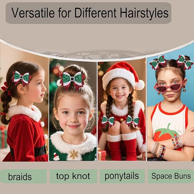 Christmas Hair Bow Clips for Girls Green & Red Bow Clip Sparkling Rhinestone Alligator Clips Festive Glitter Xmas Hair Accessories,Hair Bow Clips for Girls-2pcs