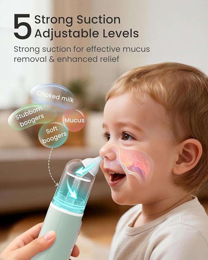GROWNSY Nasal Aspirator for Baby, Upgraded 5 Suction Levels Baby Nose Sucker, IPX7 Waterproof Electric Nose Suction for Baby, Booger Sucker for Toddlers with Music & Light Functions (Green)