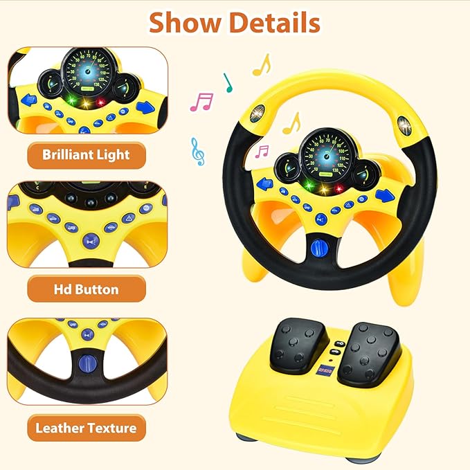 RedCrab Steering Wheels with Brake and Gas Pedals Toy for Kids,Simulated Driving for Toddlers with Light&Music, Pretend Driving Seat Toys, Baby Electric Early Learning Educational Toys (Yellow)