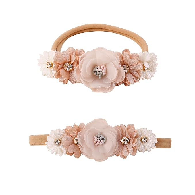Baby Girl Flower Headbands and Bows, Stretchy Soft Nylon Floral Crown, 3pcs Handmade Hair Accessories for Newborn Infant Toddler