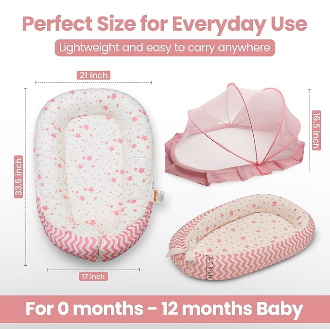 Baby Lounger for Newborn 0-24 Months, with Mosquito Net, Breathable & Soft Baby Nest, Portable & Lightweight (Pink)