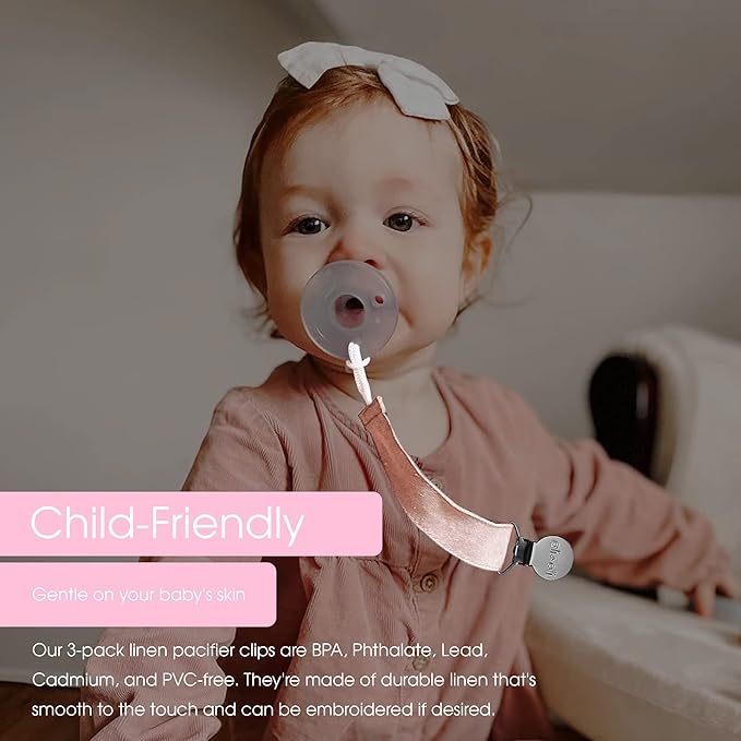 Ali+Oli Linen Strap Pacifier Clip (Sky) Set of 3 (10" x 1") Baby Pacifier Holder for Newborn Pacifiers & Teethers, Binky Clips, Silicone-Free Pacifier Clips