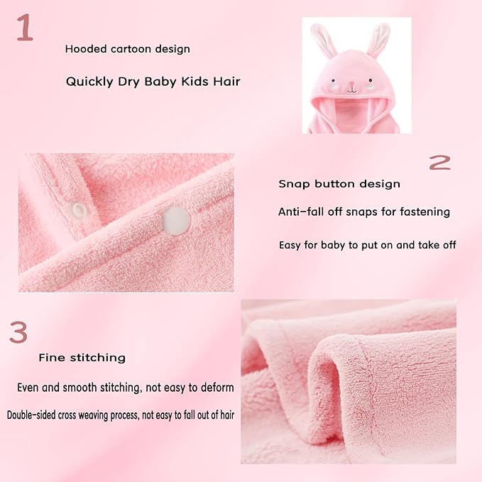 Toddler Baby Bath Towel with Hood 27.5"X55" Ultra Absorbent Soft Cozy Comfort Bathrobe Blanket, 0-6 Years Infant Shower Towel for Girls & Boys(Rainbow Pink)