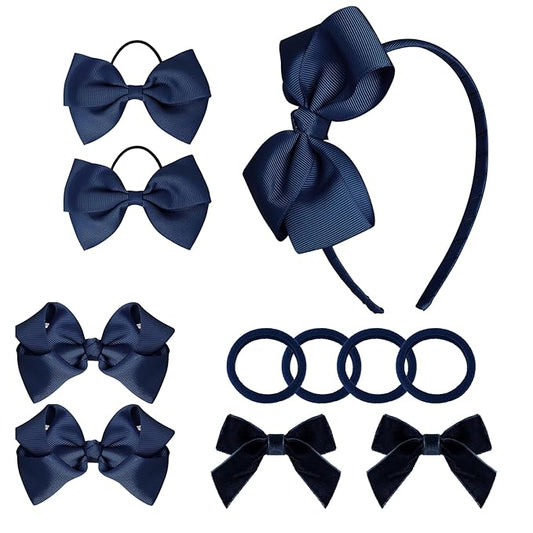 baotongle 11pcs Navy Blue School Hair Accessories Set Uniform Hair Bow Headband Clips Hair Ties Curly Bows for Little Toddler School Girls(Navy Blue)