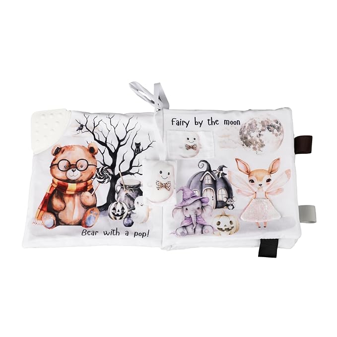 Ali+Oli Baby Cloth Book – Soft Sensory Crinkle Book with Teether for Infants 0-12 Months – Early Learning Touch & Feel Tummy Time Toy – Newborn Shower Gift for Christmas - Halloween Paws