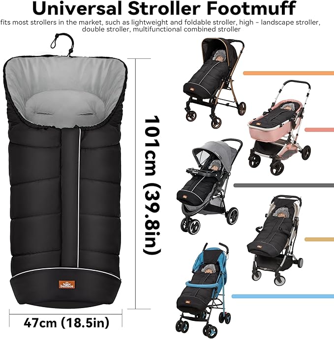 Bemece Warm Bunting Bag, Universal Winter Stroller Cover with Zip, Windproof Stroller footmuff for Baby Buggies Pushchair, Machine Washable