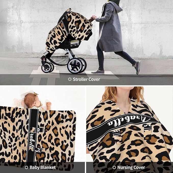 Custom Name Baby Car Seat Cover Leopard Print Theme – Personalized Nursing Cover, Stroller Canopy, Breastfeeding Privacy Cover, Multi-Use Infant Blanket, Shower Gift for Baby Boys