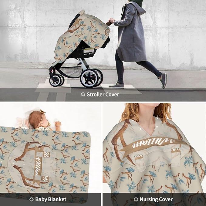 Personalized Cloud with Bear Baby Car Seat Canopy with Name – Custom Nursing Cover, Stroller Seat Cover, Breastfeeding Privacy Blanket, Soft Breathable Infant Cover for Newborn Boy Gift