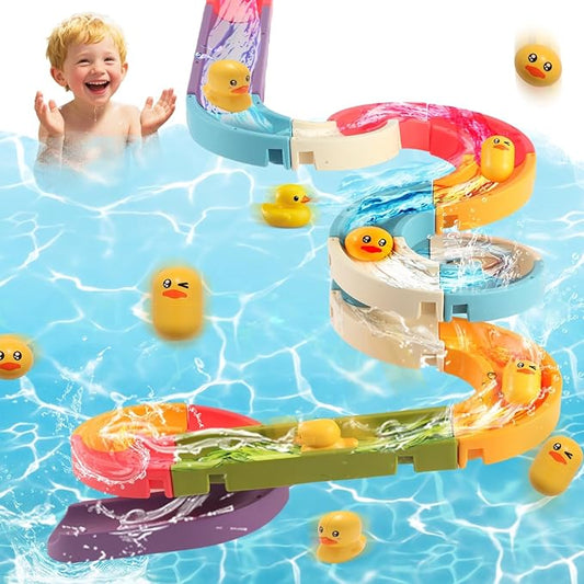Duck Slide Bath Toys for Kids Ages 4-8, Bathtub Toys DIY Wall Track Building Kit for Toddlers 2-4 3-5, Fun Shower Toys Bathtub Time Birthday Gift for 3+ Years Old Boys and Girls（34PCS）