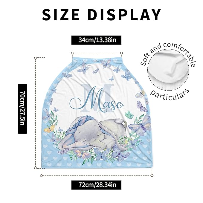 Personalized Baby Car Seat Cover Stroller Canopy: Custom Name Newborn Baby Boy Girl Elastic Sleeping Elephant Nursing Cover for Moms First Birthday Gift Blue(one Size)