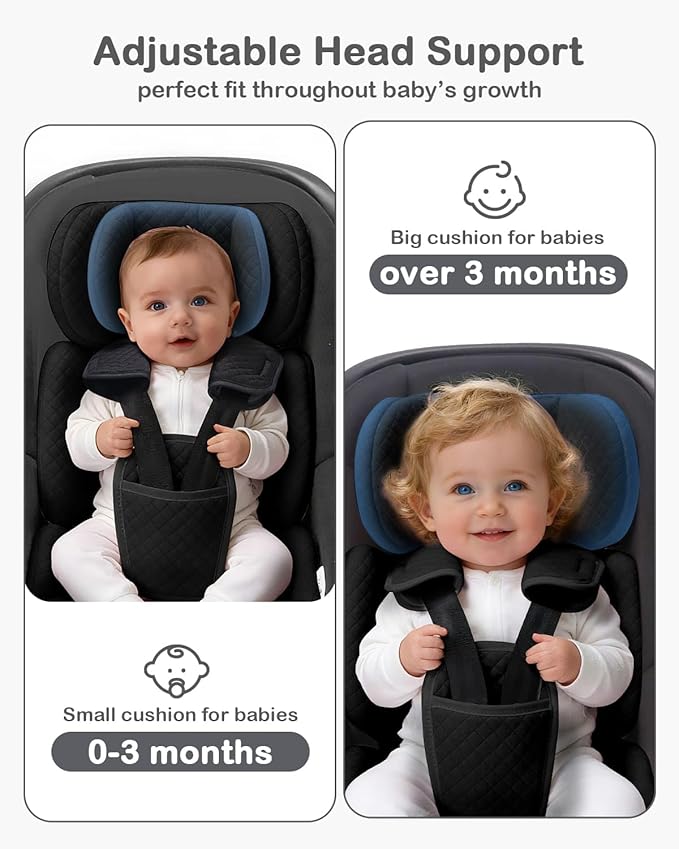 Infant Car Seat Insert Adjustable Head Support for Preemie Newborn Toddler, Reversible Baby Head Body Support Cushion for Carseats and Strollers Side Impact Protection - Black