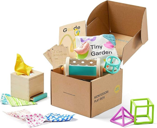 Tiny Land Montessori Baby Toy Set 4-6 Months – Early Learning Motor Skills Development Kit with 4-in-1 Soft Cloth Book, Spinning Rainbow Toy, Silicone Blocks and Baby Tissue Box