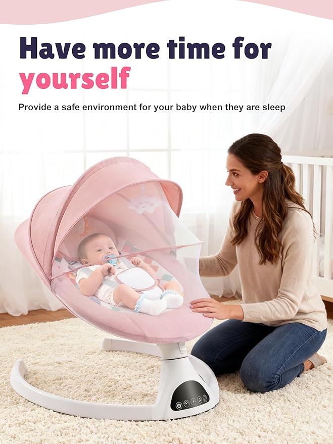 Baby Swing for Infants - Electric Portable Bluetooth Baby Rocker with 5 Speeds, 5-Point Harness, Remote Control, Timing & Music Speaker Max 20 Lbs (Pink)