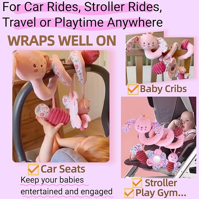 Spiral Car Seat Toy for Babies 0-6-12 Months Girl, Stroller Hanging Baby Toys 0-3-4-5-7-9 Month Old Newborn Infant Rabbit Gift Travel Carseat Mirror Crinkle Plush Bunny Easter Basket Stuffers