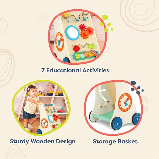 B. toys – Little Learning Steps – Wooden Activity Walker – 7 Educational Activities – Learning & Walking Toy for Toddlers – Stand, Push, Walk – 1 Year +