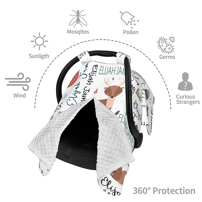 Personalized Car Seat Covers for Babies Custom Name Car Seat Canopy for Newborn Baby Boys Girls 2 in 1 Mom Nursing Breastfeeding Covers Woodland Minky Baby Carrier Covers with Peekaboo Opening