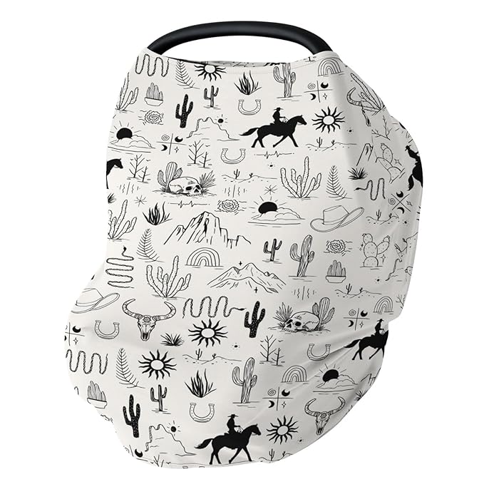Western Cowboy Car Seat Cover for Babies Wild West Cactus Mountain Snake Cattle Skull Sun Stretchy 5-in-1 Covers Adjustable Car Canopy Breastfeeding Cover Desert Adventure Breathable Nursing Cover-Up