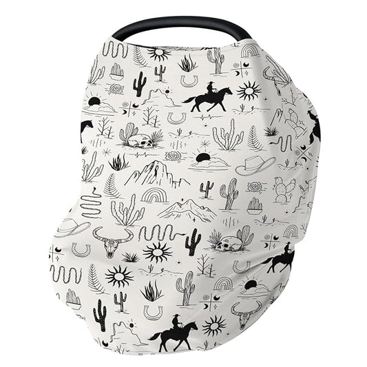 Western Cowboy Car Seat Cover for Babies Wild West Cactus Mountain Snake Cattle Skull Sun Stretchy 5-in-1 Covers Adjustable Car Canopy Breastfeeding Cover Desert Adventure Breathable Nursing Cover-Up