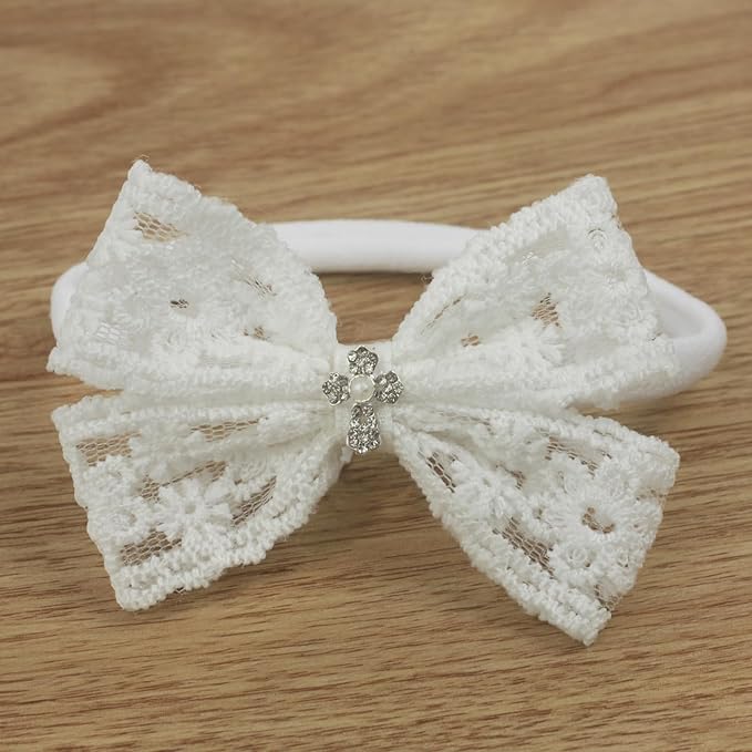 Nihao Baby Off White Lace Bow Small Baptism Headband for Baby Girls -2 PCS