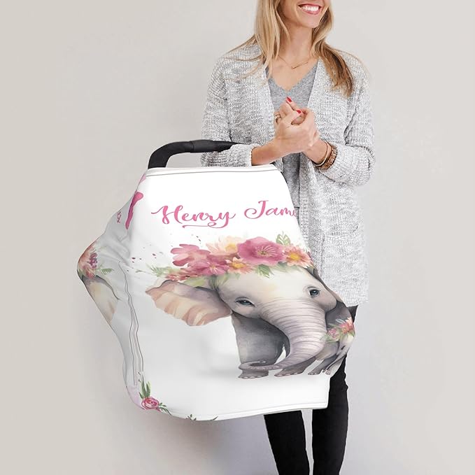 Personalized Car Seat Covers with Name, Elephant Baby Canopy Carrier Cover, Breathable Breastfeeding Nursing Cover, Stretchy Multi-Use Infant Carseat Stroller Cover