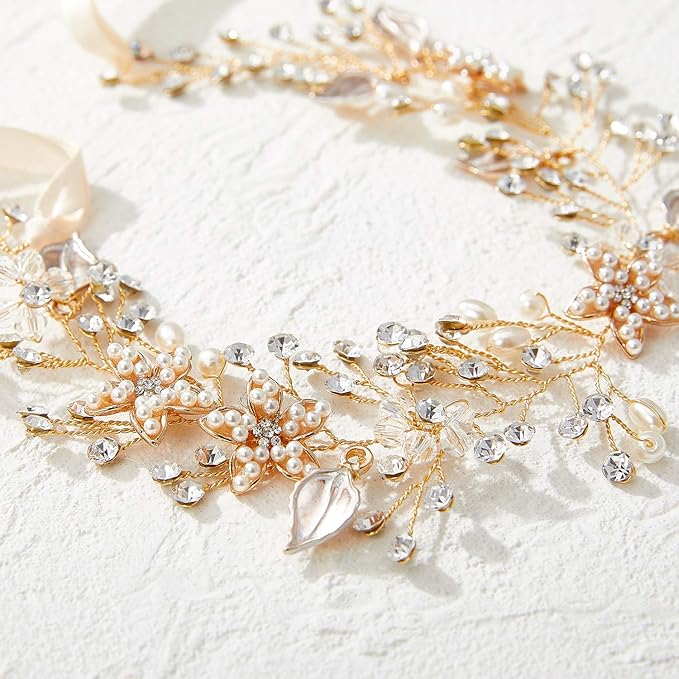 SWEETV Flower Girl Headband for Wedding, Baby Girl Flower Pearl Hair Piece, Gold Headpiece for Birthday Party, Photography