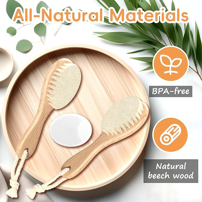 Baby Hair Brush, 2PCS Wooden Goat Bristles Hair Brush with Silicone Hair Scrubber Cradle Cap Brush for Newborn, Toddler, Boys, Girls Perfect Scalp Grooming Product (White)