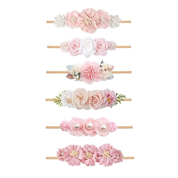Baby Girl Flower Headband 6 PCS Elastic Hairbands Handmade Nylon Bows Headbands Chic Floral Hair Accessories Kids Gifts for Newborn Infant Toddlers