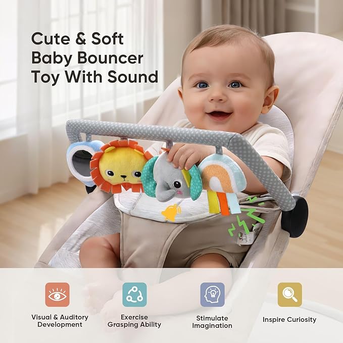 TinlyFinly Baby Bouncer Toy Bar Soft with 4 Hanging Sensory Toys Attachment, Compatible with Baby Bjorn Bouncer, with Mirror, Rattle, Crinkle Sound for Babies All Ages (Colorful Animals)
