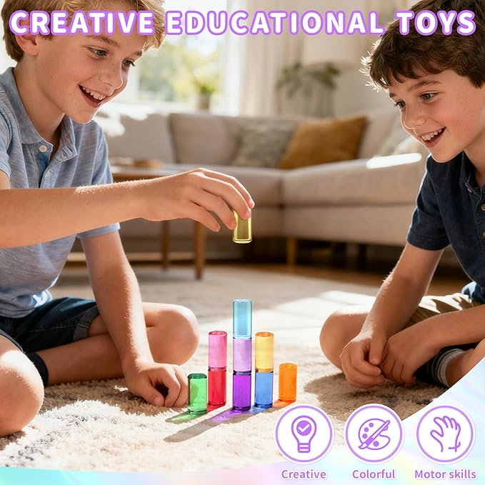 10 PCS Rainbow Acrylic Blocks, Crystal Lucite Gem Cubes for Kids, Highly Transparent Colored Acrylic Cylinder Building Blocks, Educational Sensory Learning Toys