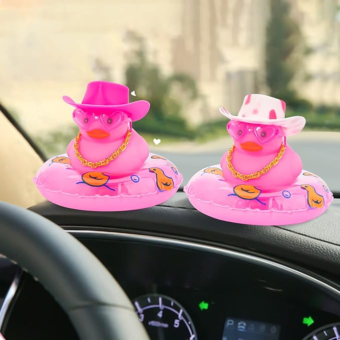 wonuu Pink Rubber Duck, Heart-Shaped Sunglasses Rubber Ducks for Cars, Funny and Cool as Car Ornament Gifts, Pink Cowboy Hat