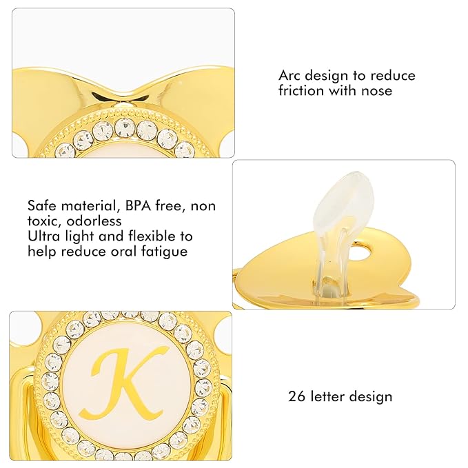 Baby Pacifier, Pacifier Curved Design 26 Letters Baby Pacifier with Chain Clips for Newborn (K)