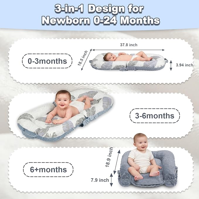 Baby Lounger, 3-in-1 Portable Infant Lounger for Newborns 0-24 Months, Foldable Tummy Time Pillow and Sitting Seat with Removable Cover, Dual-Sided 100% Cotton and Velvet, Ideal Baby Shower Gift