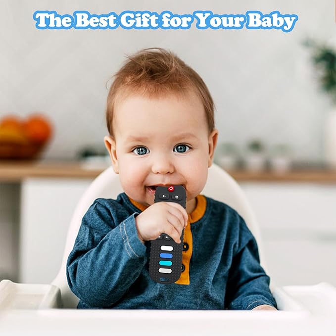 ROBBEAR Baby Teething Toys, Food Grade Silicone Teether for Babies 3 6 12 18 Months, TV Remote Shape Toddlers Chew Toys, Freezer BPA Free (Black+Beige)