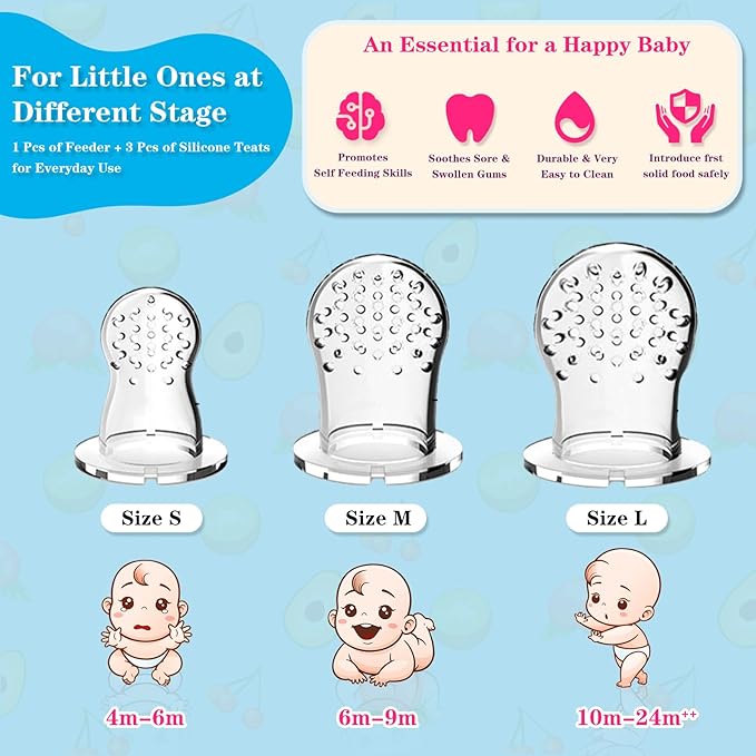 Baby Fruit Feeder Pacifier 2 Pack, Cute Bunny Silicone Food Feeder for Babies 4M+, BPA-Free Infant Teether for Fresh Fruit, Puree & Frozen Breastmilk, 4 Pouches