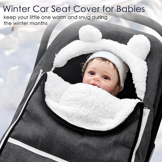 Winter Carseat Cover for Baby Girl Boy, Super Warm & Windproof Protect Baby from Cold Weather, Plush Fleece Infant Car Seat Canopy, Black