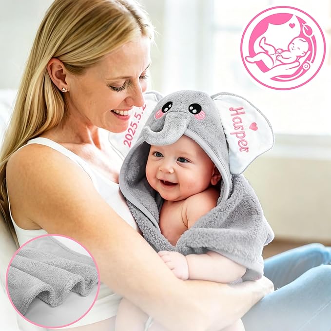 Custom Hooded Baby Towels with Name, Personalized Bunny Easter Gifts for Toddlers, Custom Baby Bath Towels for Newborn, Ultra Soft and Absorbent, Ideal for Girl Boy (Elephant)