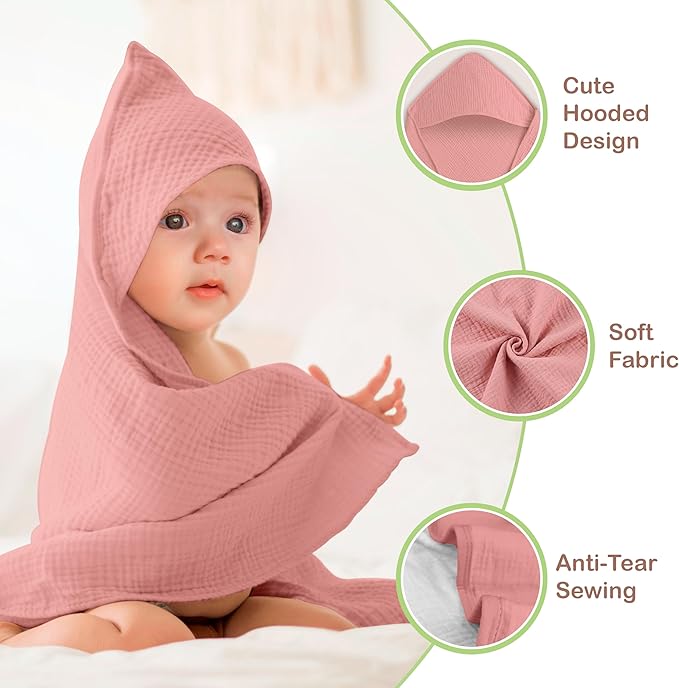 100% Organic Cotton Muslin Baby Hooded Towels 32x32 Inch – 2 Pack Soft & Absorbent Baby Towels for Newborn for Boys & Girls, Premium Hooded Towels, Ultra-Gentle Baby Essentials in Rose/Peach
