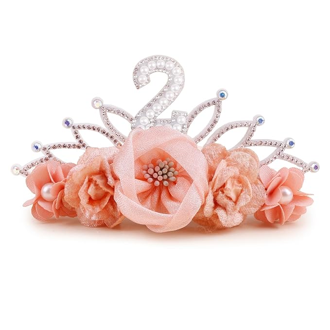cherrboll Baby Girl Birthday Crown Floral Headband, Soft Flower Head Wrap Tiara Hairband for 1-3 Years Old Toddlers Kids 2nd Birthday Party Dress Photo Decoration