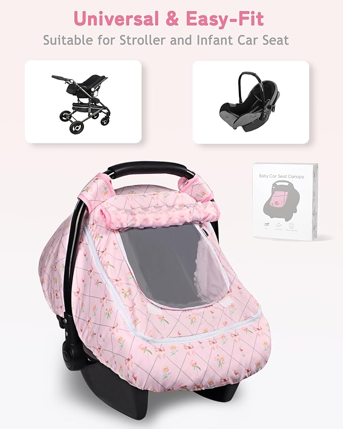Car Seat Cover Baby Girls, Infant Carseat Covers with Mesh, Dual-Layer Protection for Summer Winter, Easy Access Newborn Canopy Breathable, Windproof & Fit Baby Stroller, Flower Bow